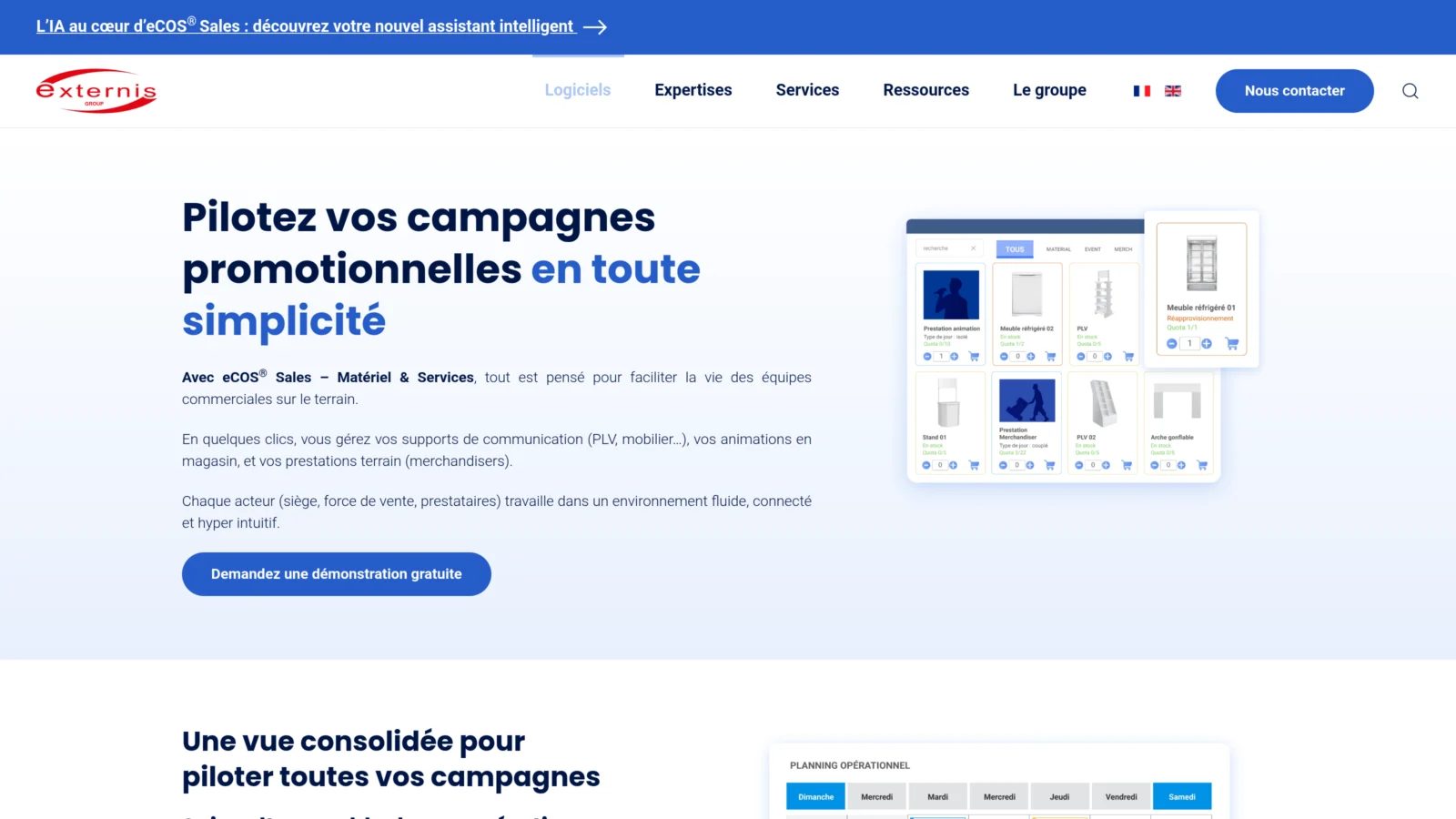 Externis – eCOS® Sales Matériel & Services Capture du site Externis présentant eCOS® Sales Matériel & Services, dédié à la PLV et aux services terrain
